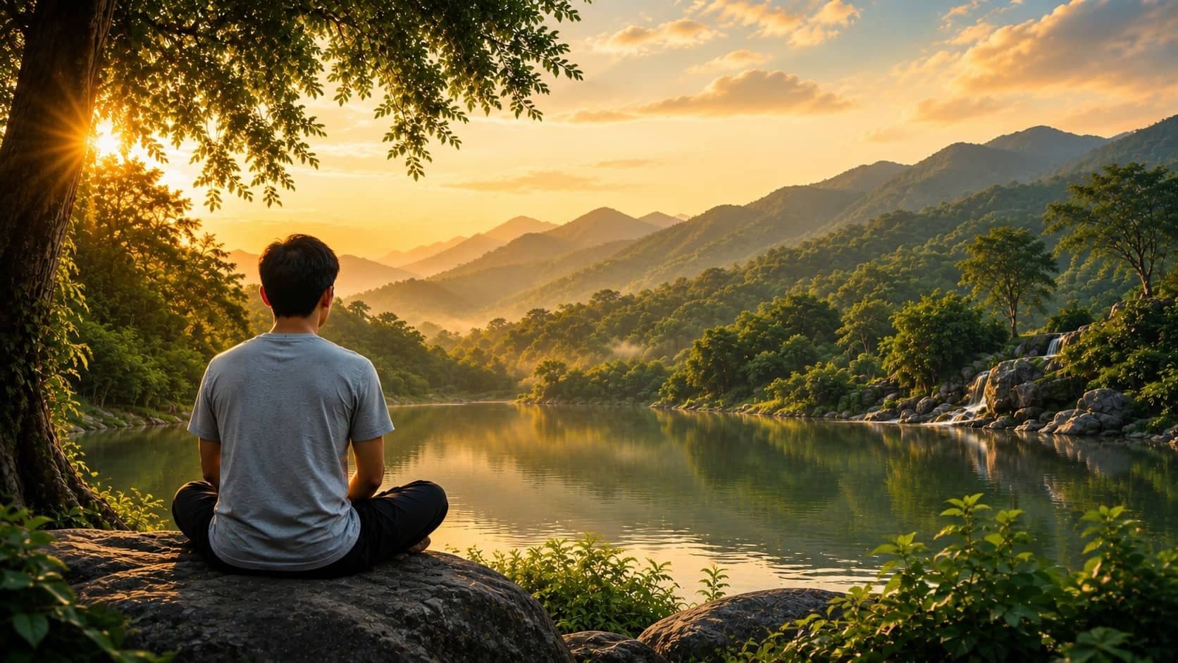一个人在自然环境中平静地打坐冥想，象征着清净平和的心境以及持续不断的精神修行之路。