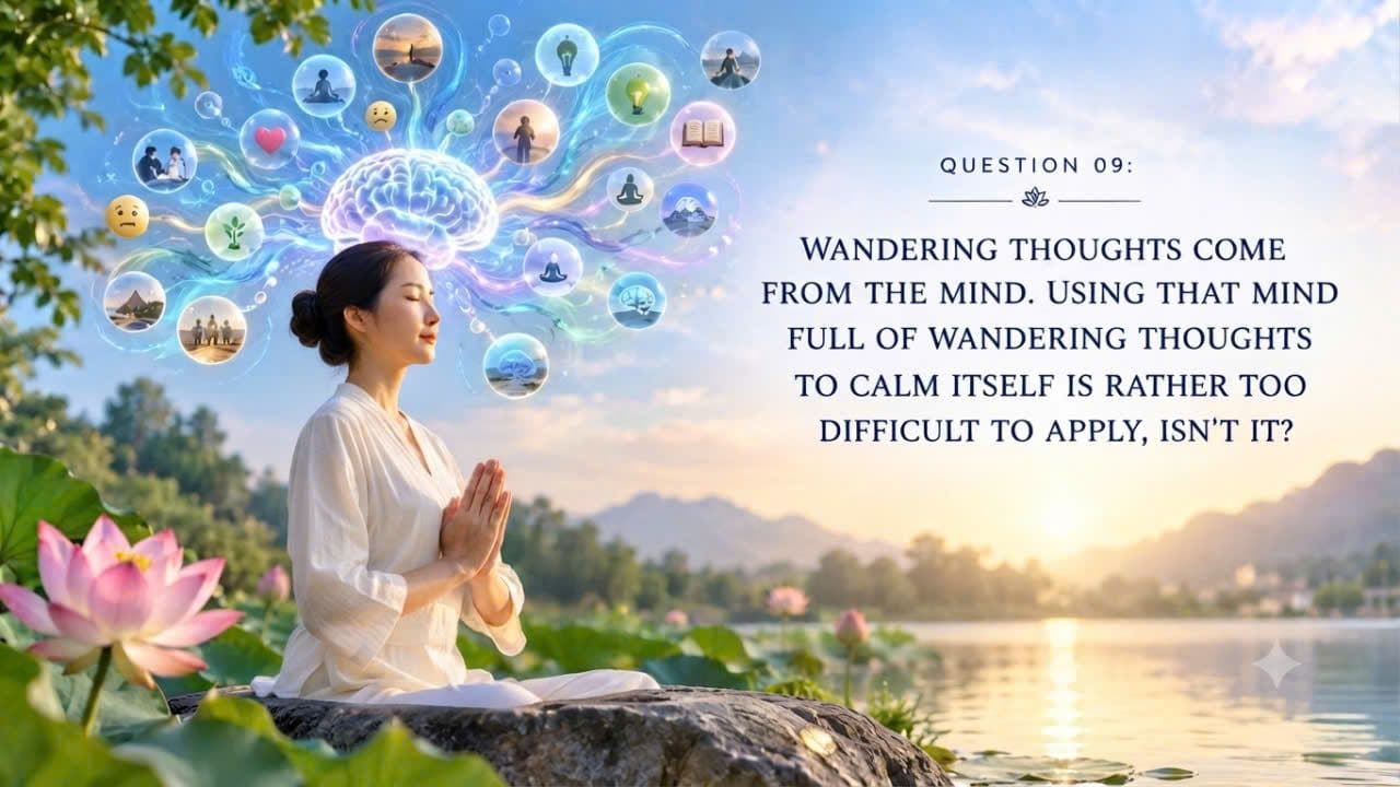 Question 09 about wandering thoughts, attention, and calming the mind through meditation