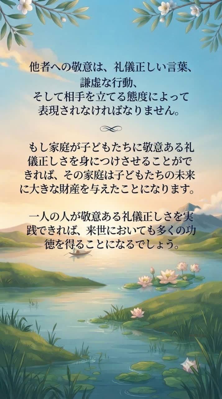 蓮の花と山々に囲まれた穏やかな湖の風景。礼儀、敬意、家族の価値観、そして子どもの未来への恵みを表現しています。