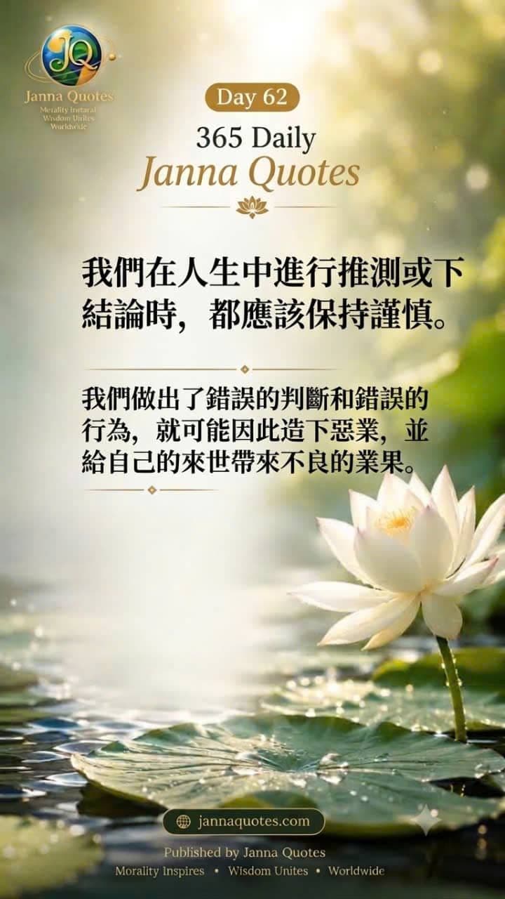 Janna Quotes 第62天图片，以莲花为背景，传达在人生中应谨慎猜测、推论和下结论的重要智慧。