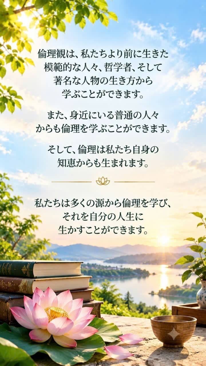 本と蓮の花、茶碗、湖と山の風景を背景にした倫理についての inspirational quote