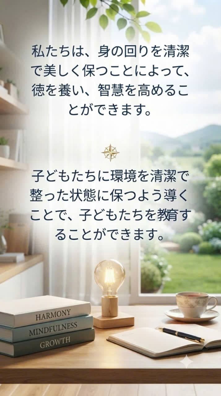 清潔で美しい環境を通して徳と智慧を育むことを表現した、書籍、電球、ノートと庭の風景を描いたイメージ。