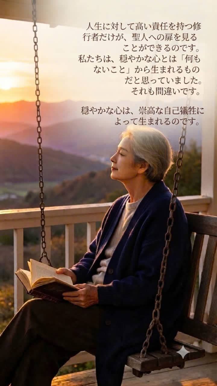 夕日の中、ブランコに座って本を読む老女の姿と、人生の責任や平和な心について綴られた名言の画像.