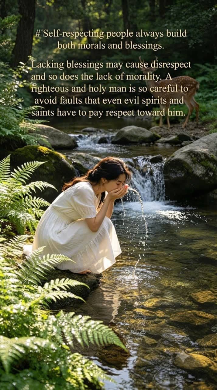 A righteous person cultivating morality and blessings while earning respect through virtuous actions