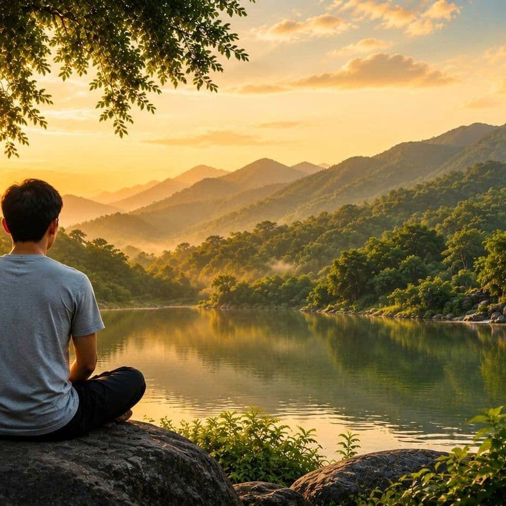 An inspirational quote graphic featuring a woman in a meditative pose by a lake at sunset, with a glowing brain constellation