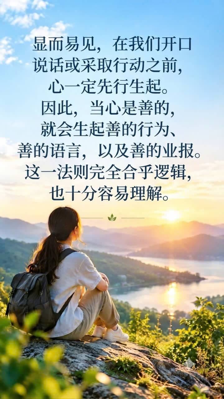 一个心怀善念的人产生善言善行，并形成良好业果的意境。
