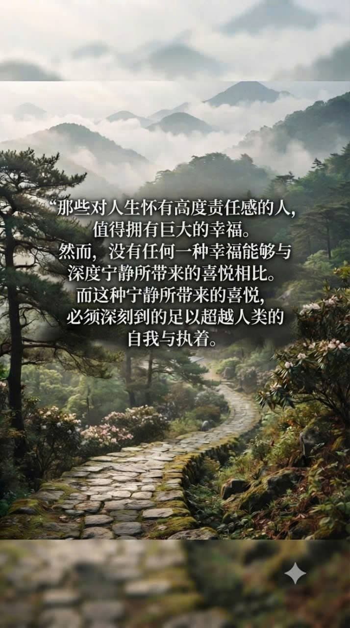 Yi tiao bei yunwu he senlin huanrao de ningjing shanjian shilu, tupian pei you guanyu shenghuo zeren yu neixin ningjing de yulu.