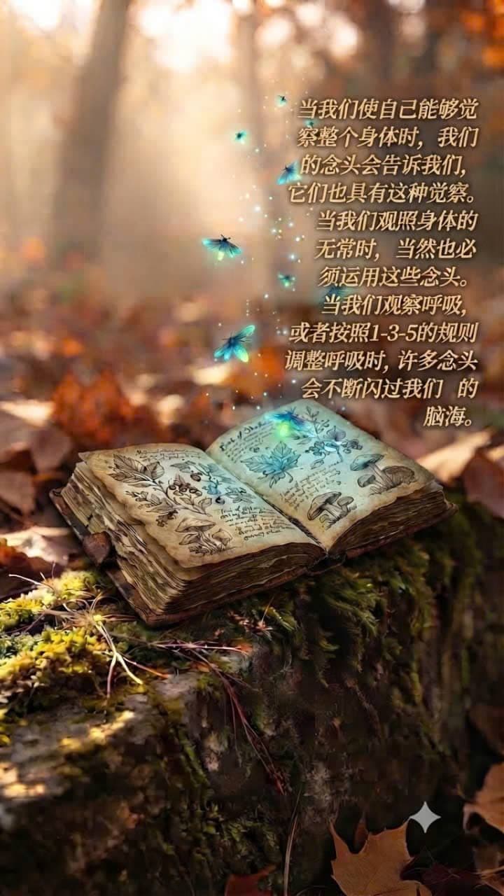 宁静森林中的一本古老打开的书，周围有发光的萤火虫，象征身体无常、思想、呼吸与禅修。