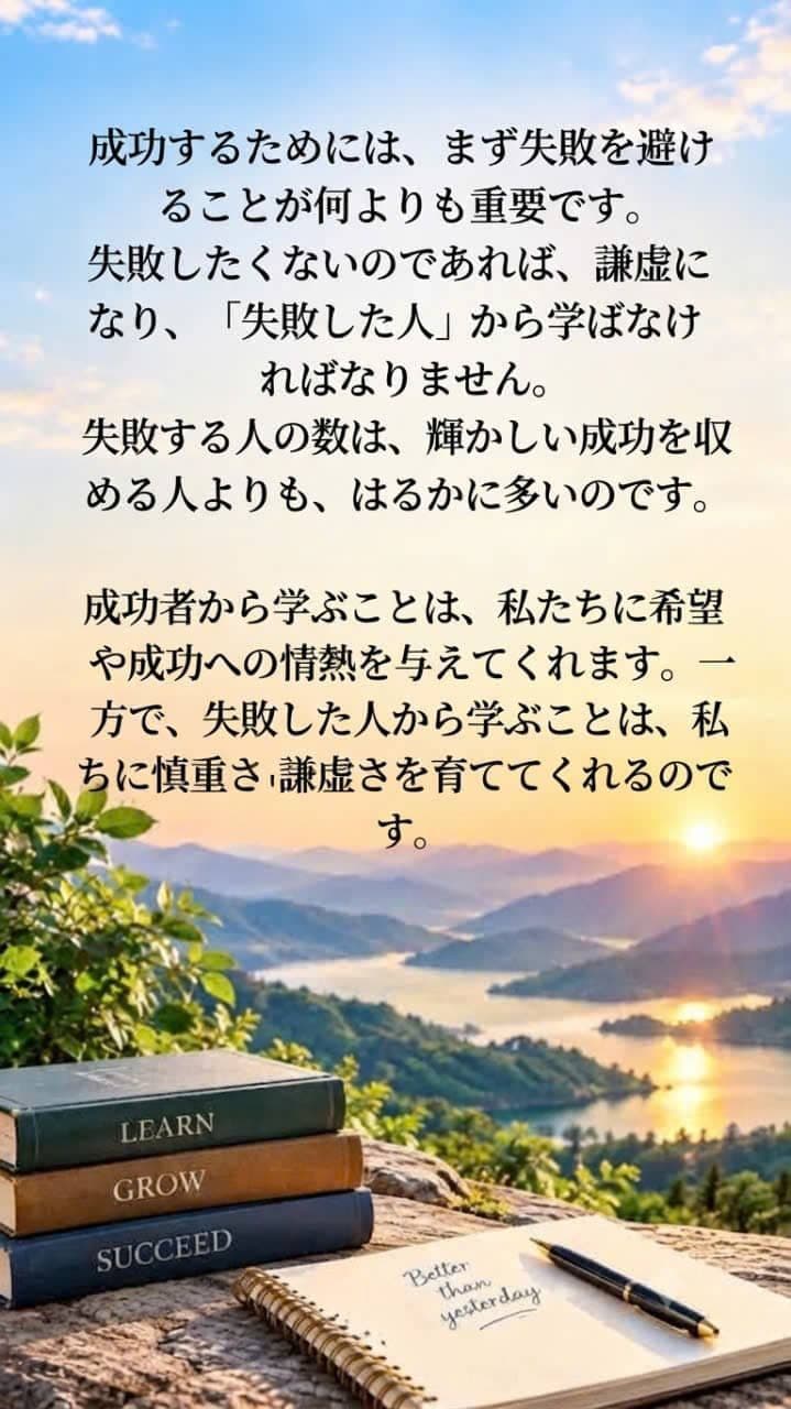 朝焼けの自然の風景を背景に、失敗や成功について書かれた心に響く名言カードと本が置かれている画像。