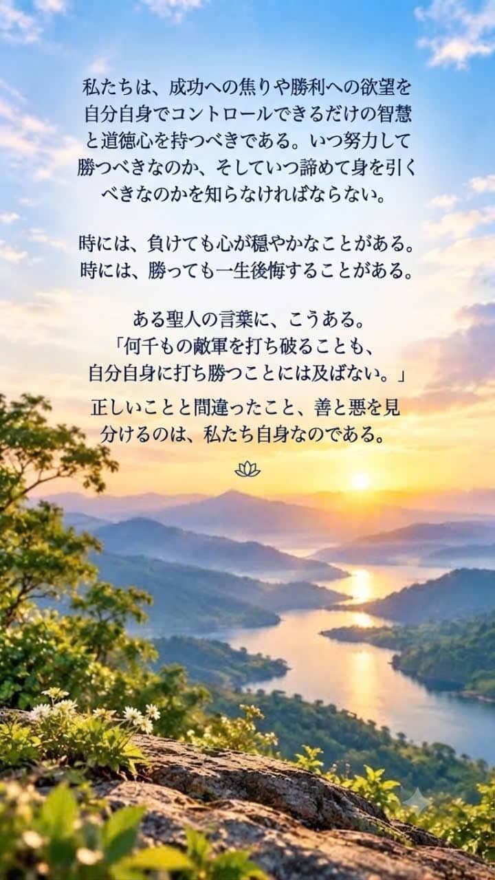 朝日に照らされた山と湖の穏やかな風景。知恵、心の平安、自制心、そして自分自身に勝つことを象徴するイメージ。