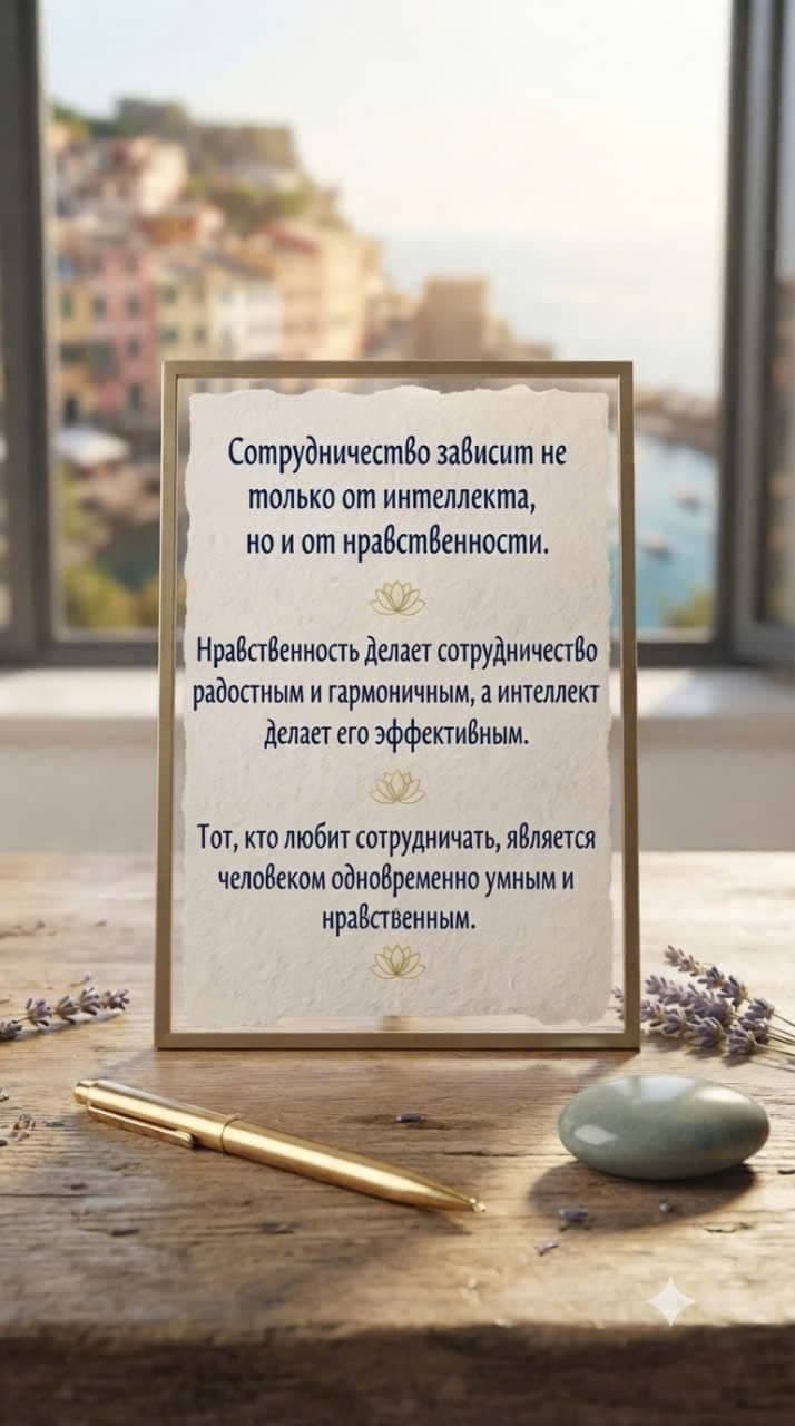 Обрамлённая вдохновляющая цитата о сотрудничестве, интеллекте и нравственности стоит на деревянном столе рядом с лавандой и гладким камнем, на фоне.