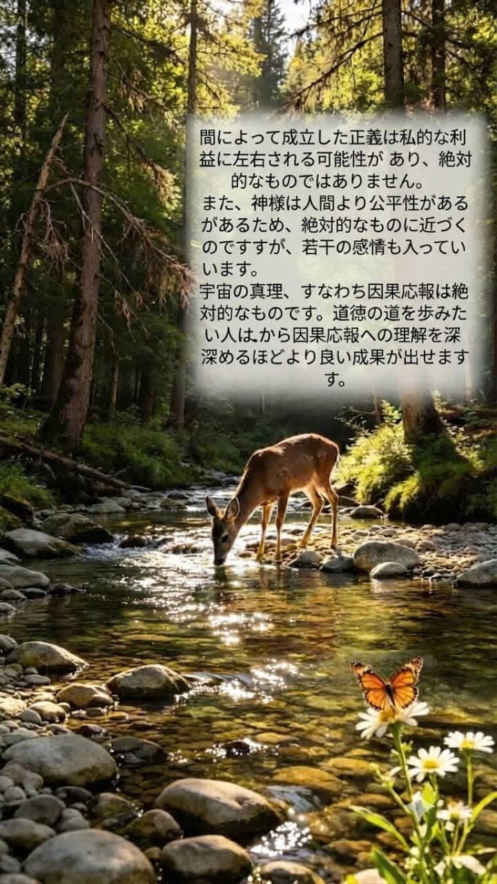 森の中の清らかな小川で水を飲む鹿と、花や蝶が描かれた、カルマと因果の公平性を象徴する風景。