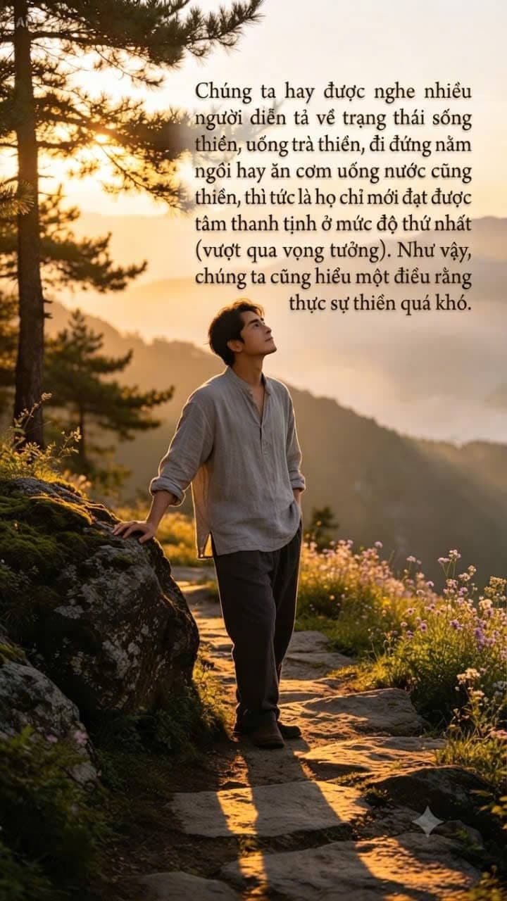 Một người thực hành thiền trong khung cảnh tượng trưng cho đi đứng, uống trà, ăn uống và sống trong chánh niệm.
