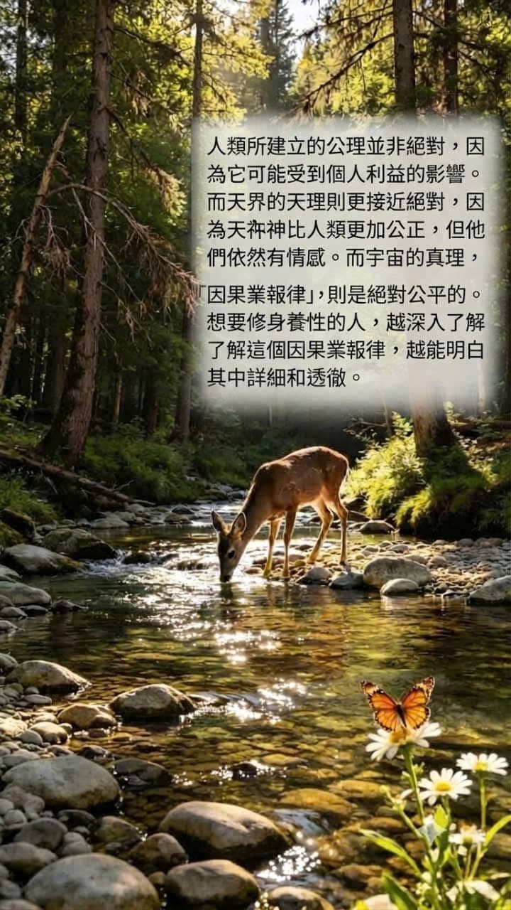 森林清澈溪流中饮水的小鹿，旁边有蝴蝶和鲜花，象征因果业力法则的公平与自然和谐。