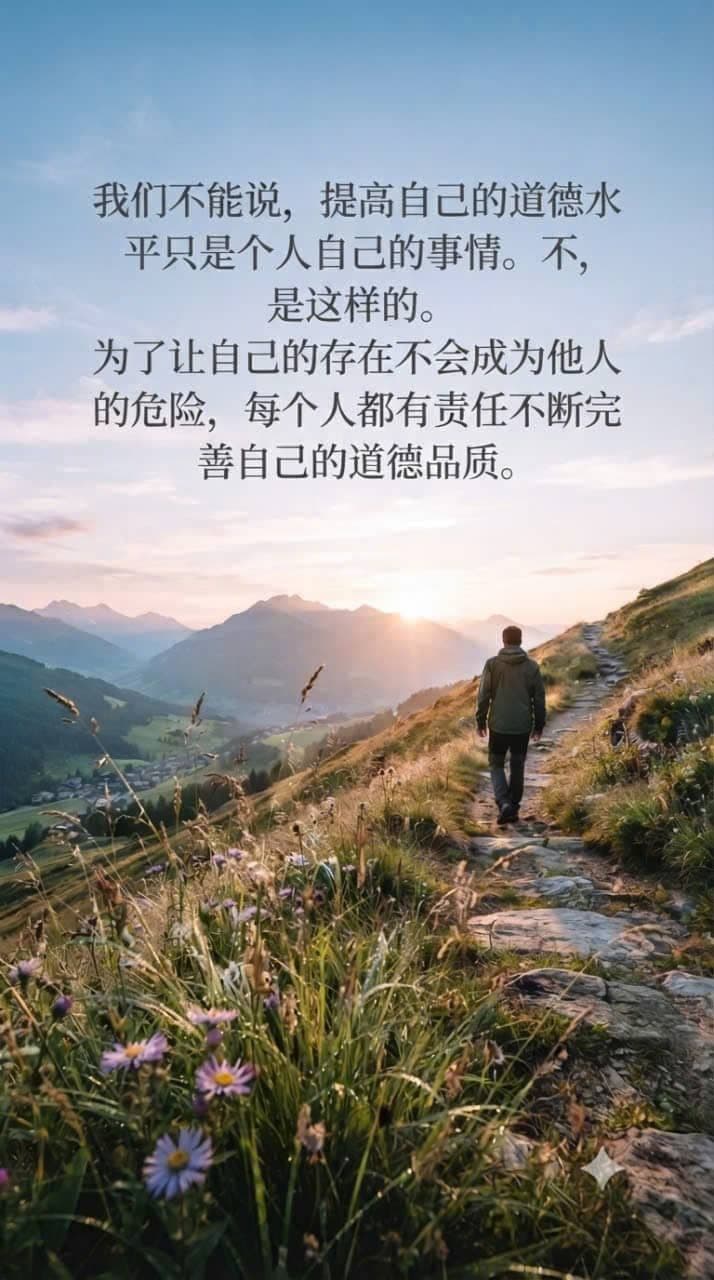 一张带有日出山景背景的励志语录图片，文字关于道德修养与不对他人造成危险的社会责任。