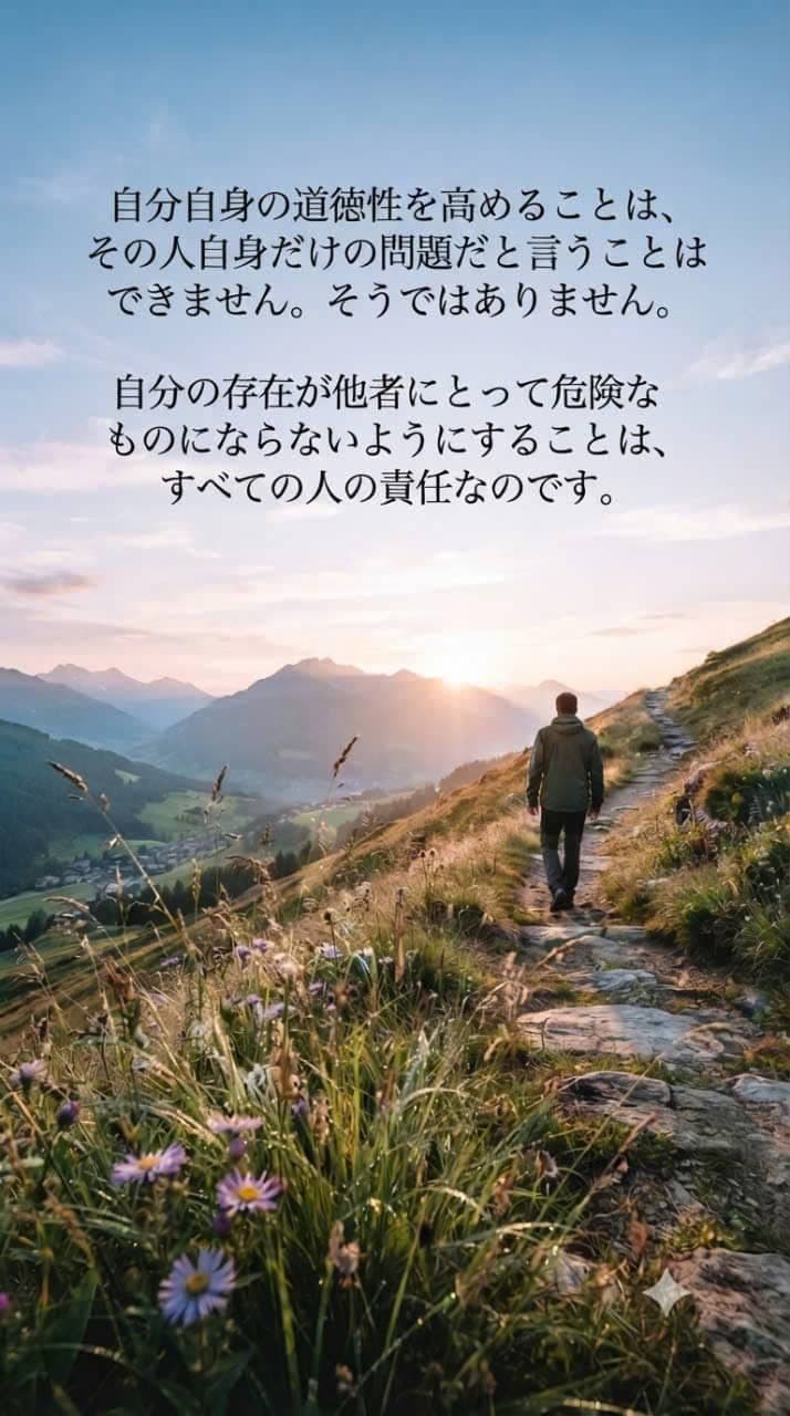 日の出の山道を歩く人物の背景に、道徳と社会的責任に関する名言が添えられたインスピレーション画像。
