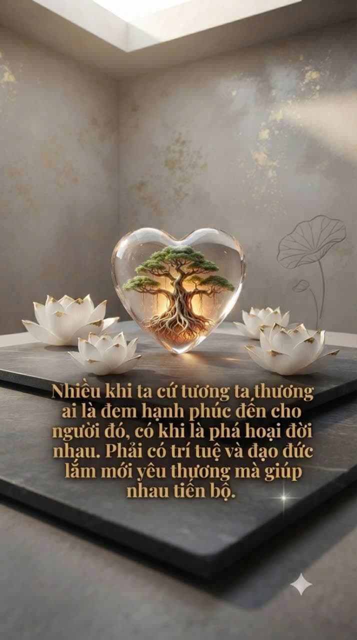 Cây bonsai phát sáng bên trong trái tim thủy tinh và những đóa hoa sen trắng, tượng trưng cho trí tuệ và đạo đức trong tình yêu.