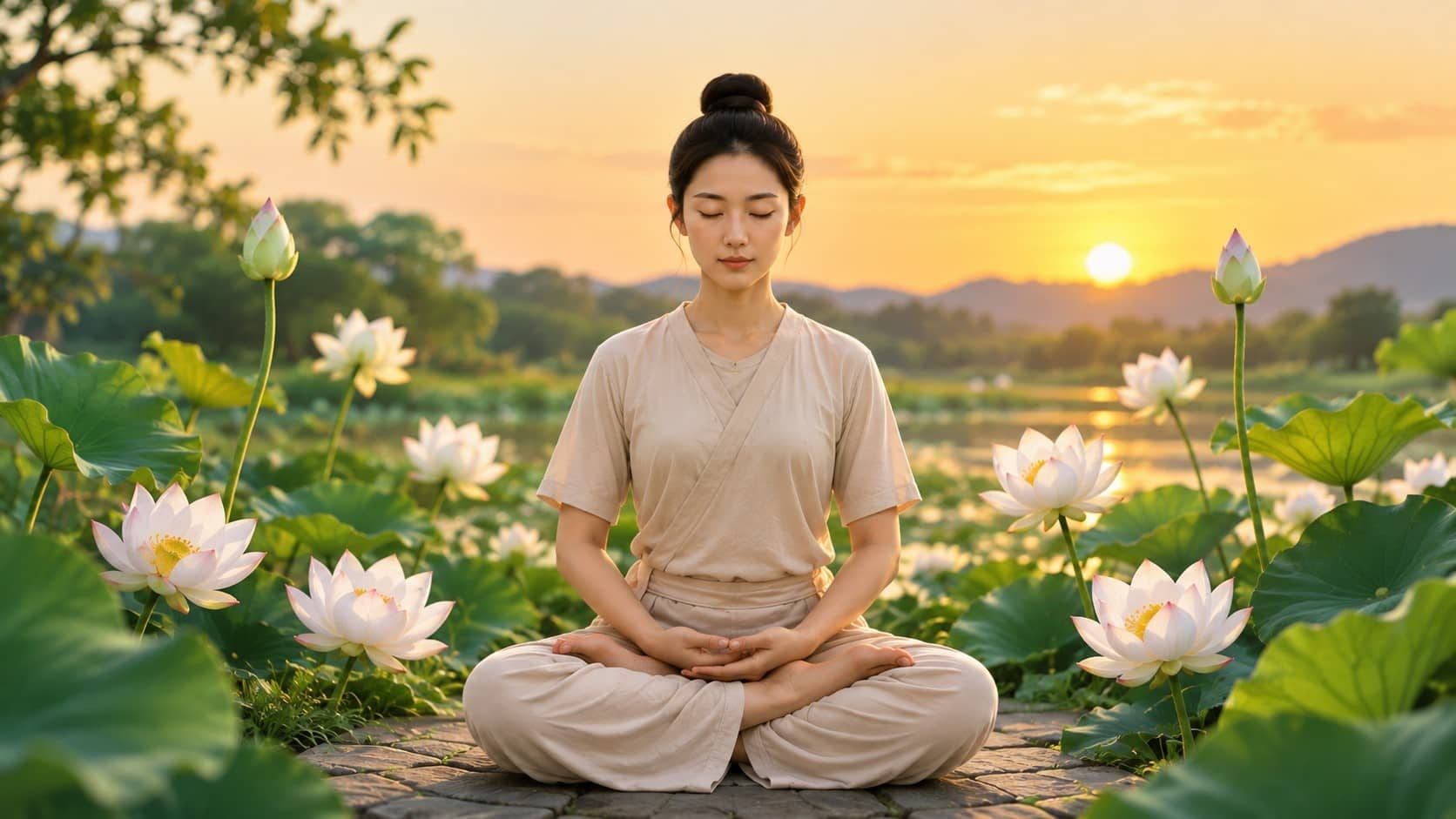 Người phụ nữ trẻ ngồi thiền trong tư thế kiết già giữa những đóa hoa sen nở vào lúc hoàng hôn, tượng trưng cho thiền định, bình an nội tâm, trí tuệ.