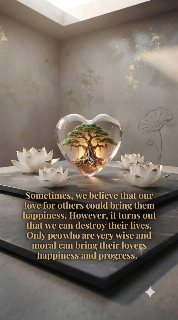 A glowing bonsai tree inside a glass heart surrounded by white lotus flowers, representing wisdom and morality in love.
