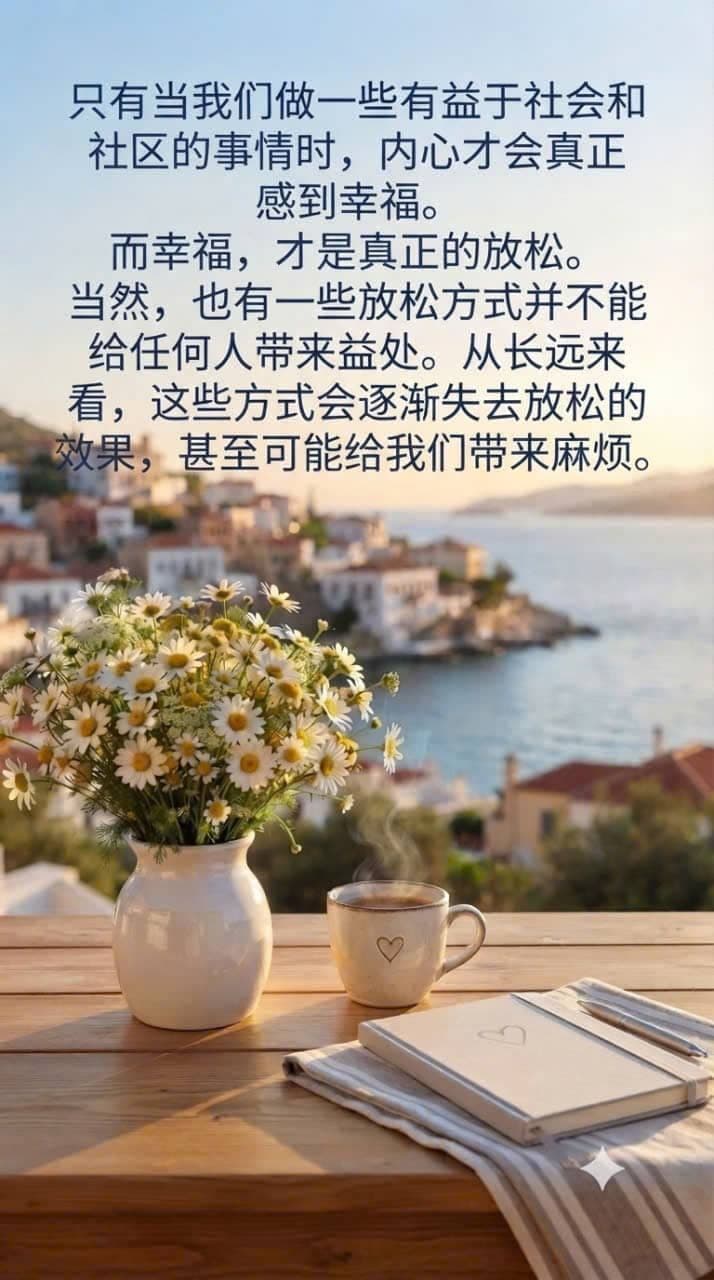 宁静的海边风景中，一束雏菊、一杯热茶和一本笔记本摆在木桌上，象征幸福、放松以及为社会做有益的事情。