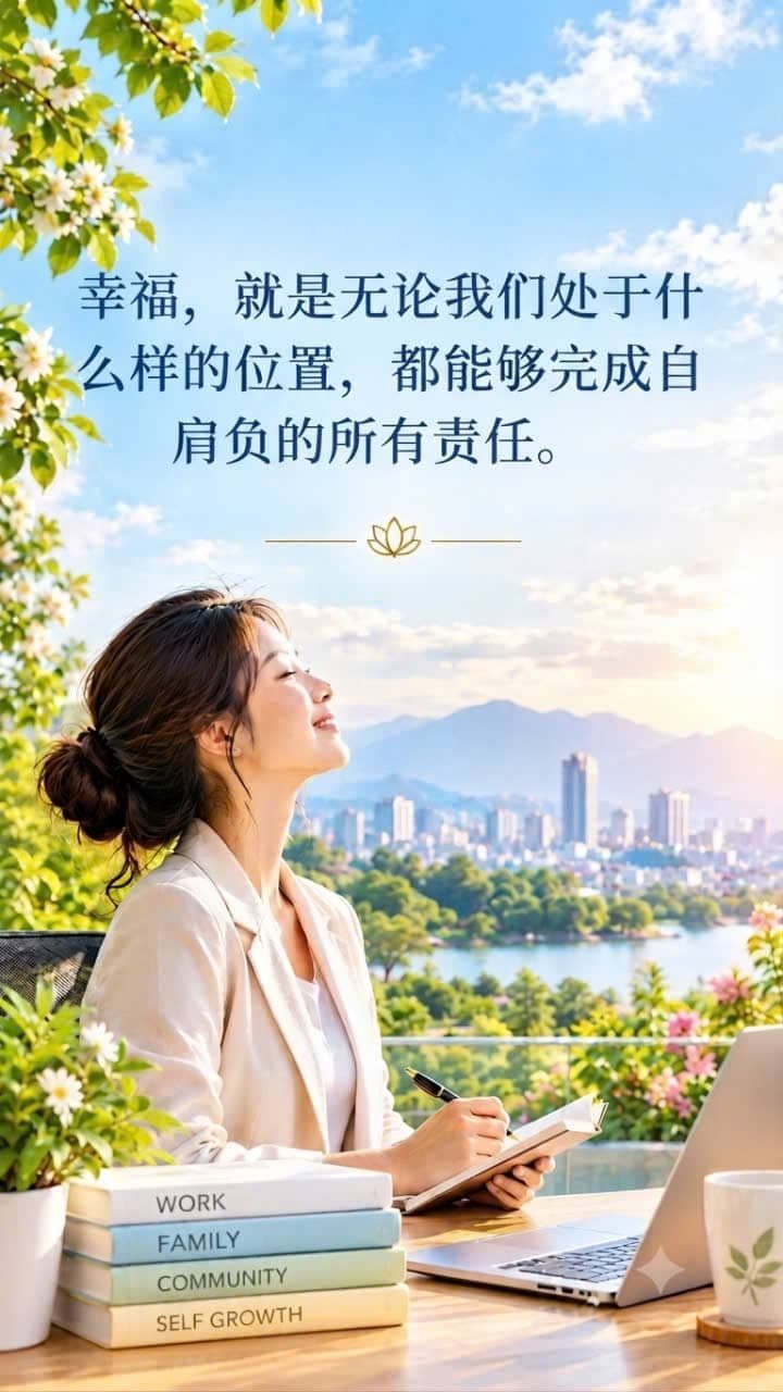 一位年轻职业女性在洒满阳光的阳台上写笔记，俯瞰城市天际线，象征着责任感与个人成长。