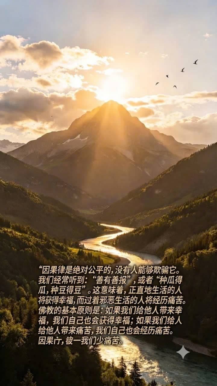 因果法则说明善行带来幸福，给他人造成痛苦则会感受痛苦。