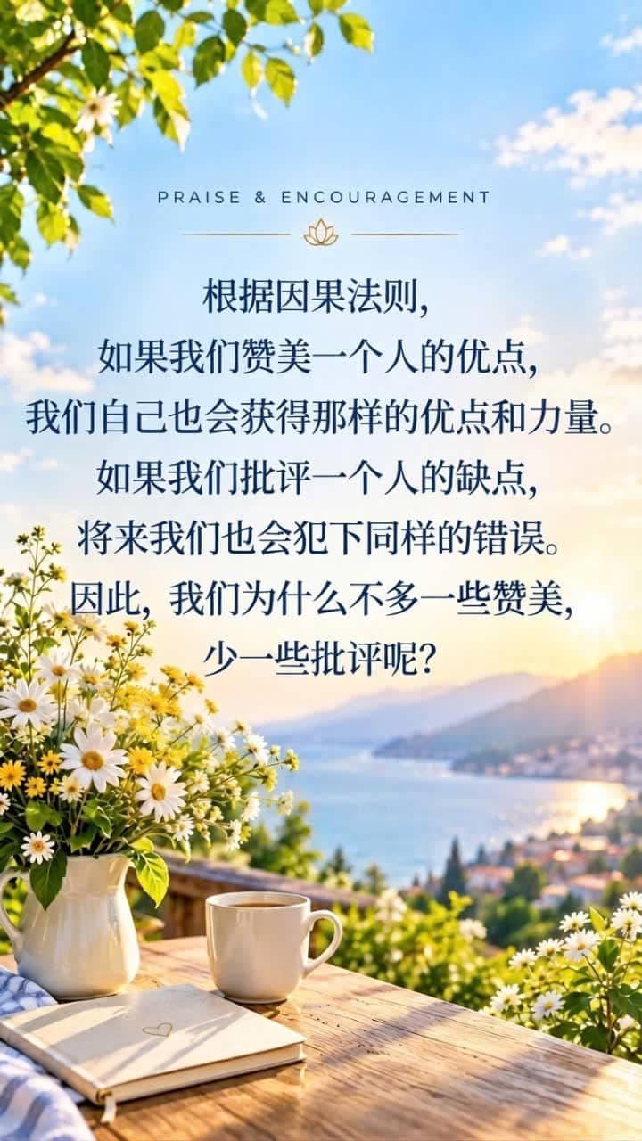 象征因果法则的励志画面，鼓励人们赞美他人的优点，避免批评，并在自己心中培养积极善良的力量。