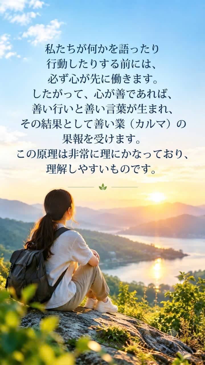 善なる心から思いやりのある言葉と行動が生まれ、善い業の結果へとつながる様子。