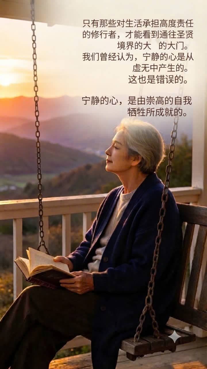 一位老妇人在夕阳下的秋千上安静读书，图片配有关于生活责任与宁静内心的语录.
