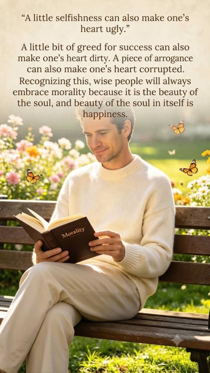 A man reading a book about morality while sitting peacefully on a park bench surrounded by flowers and butterflies.
