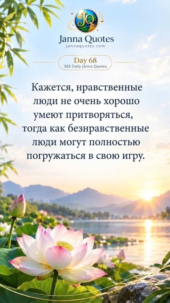Изображение Janna Quotes День 68 с восходом солнца над озером, розовыми лотосами и цитатой о нравственности.