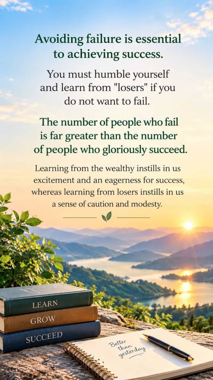 Inspirational quote card about avoiding failure and learning from losers set against a sunrise landscape background with books and a notebook.