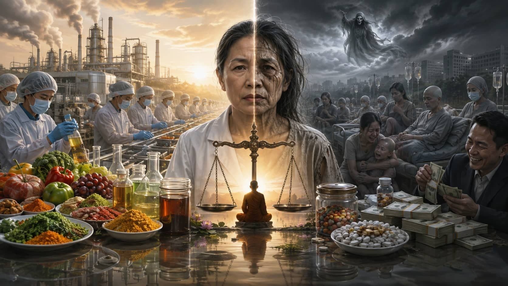 A realistic scene symbolizing bad karma, greed, harmful food production, and the consequences of unethical actions.