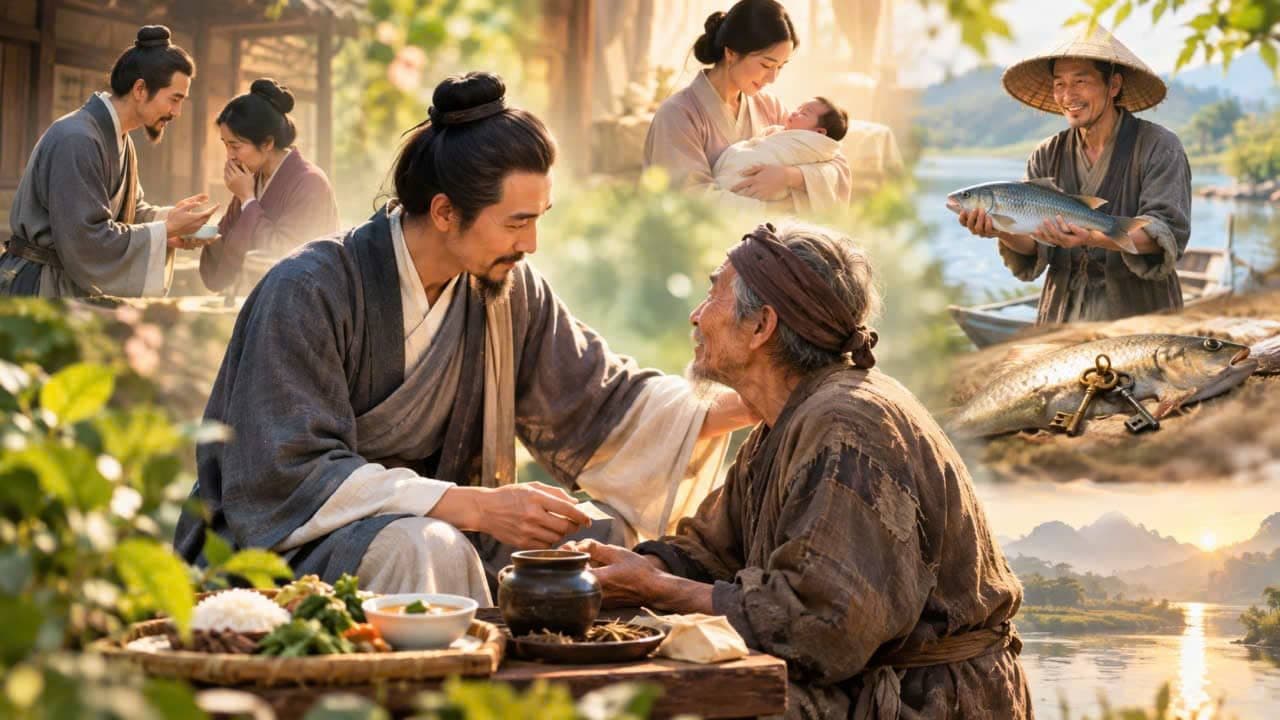 A thoughtful person helping a poor and sick man with medicine and food