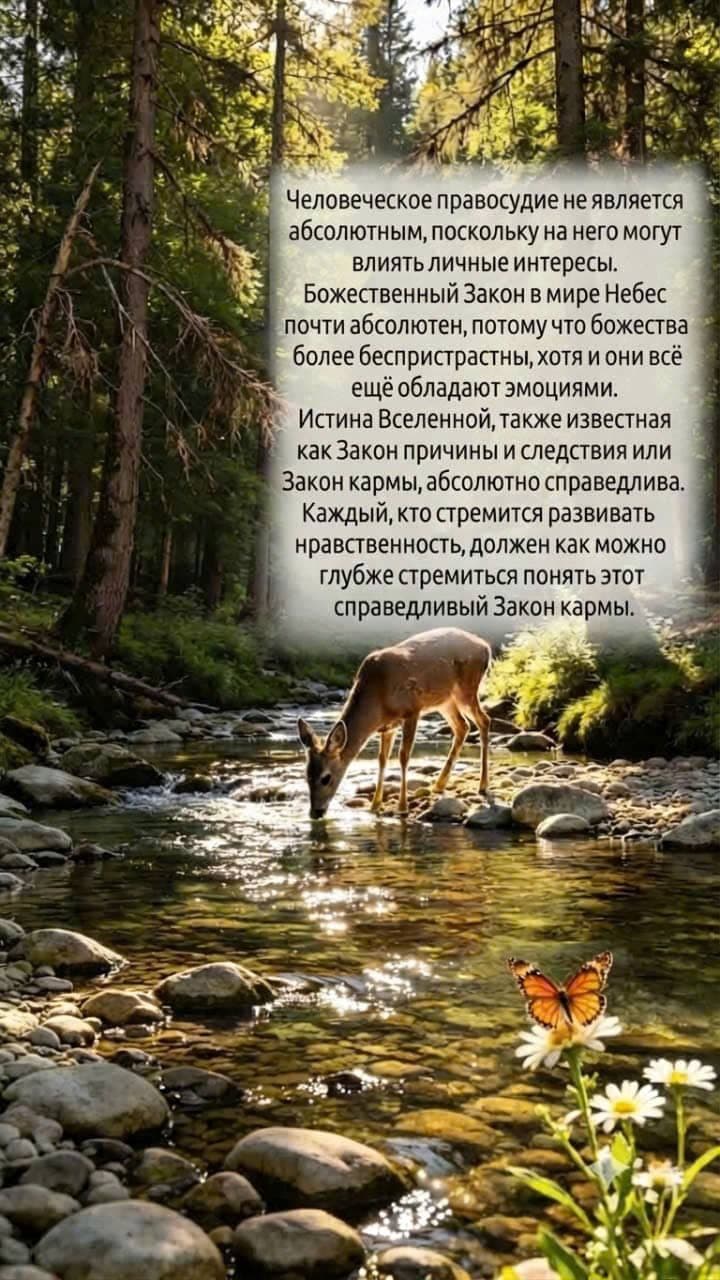 Олень пьёт воду из чистого лесного ручья, рядом бабочка и цветы, символизируя справедливость закона кармы и причинно-следственной связи.
