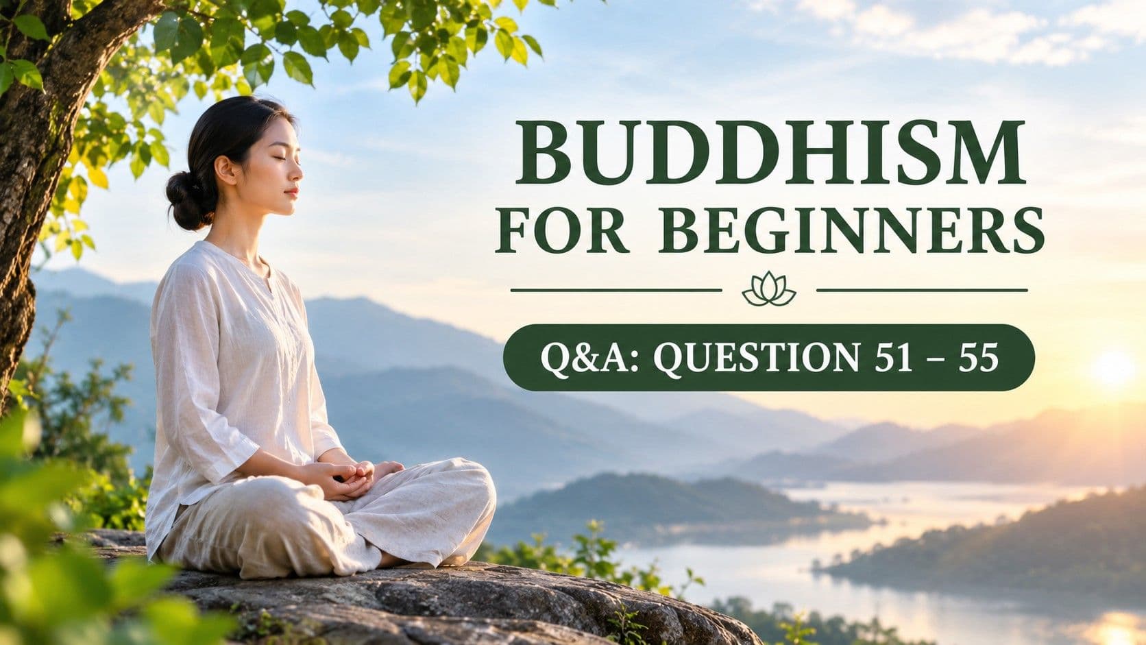 Buddhism for Beginners Q&A Questions 51–55, woman meditating peacefully in a mountain landscape.