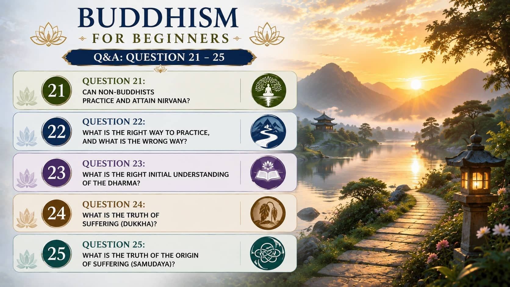 Buddhism Q&A 21–25 about Nirvana, the Four Noble Truths, suffering, and spiritual practice