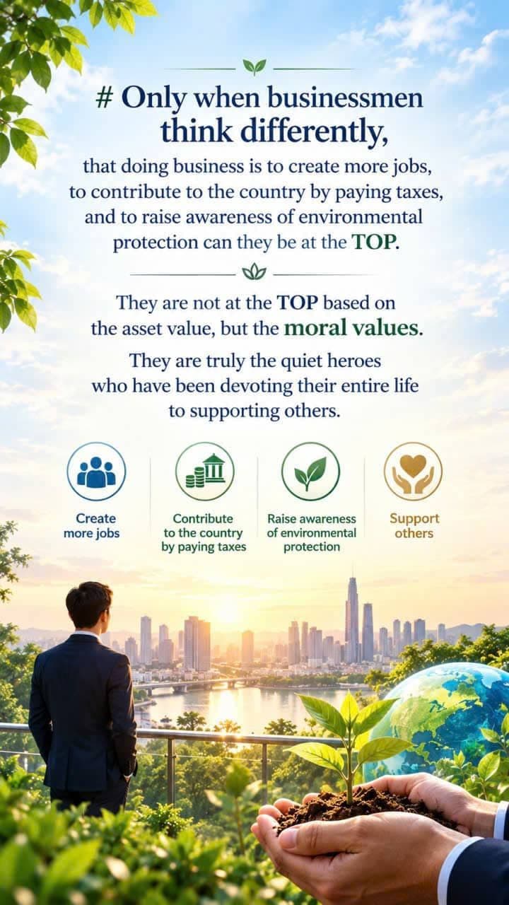 Infographic about businessmen's moral values, social responsibility, creating jobs, environmental protection, and community support.