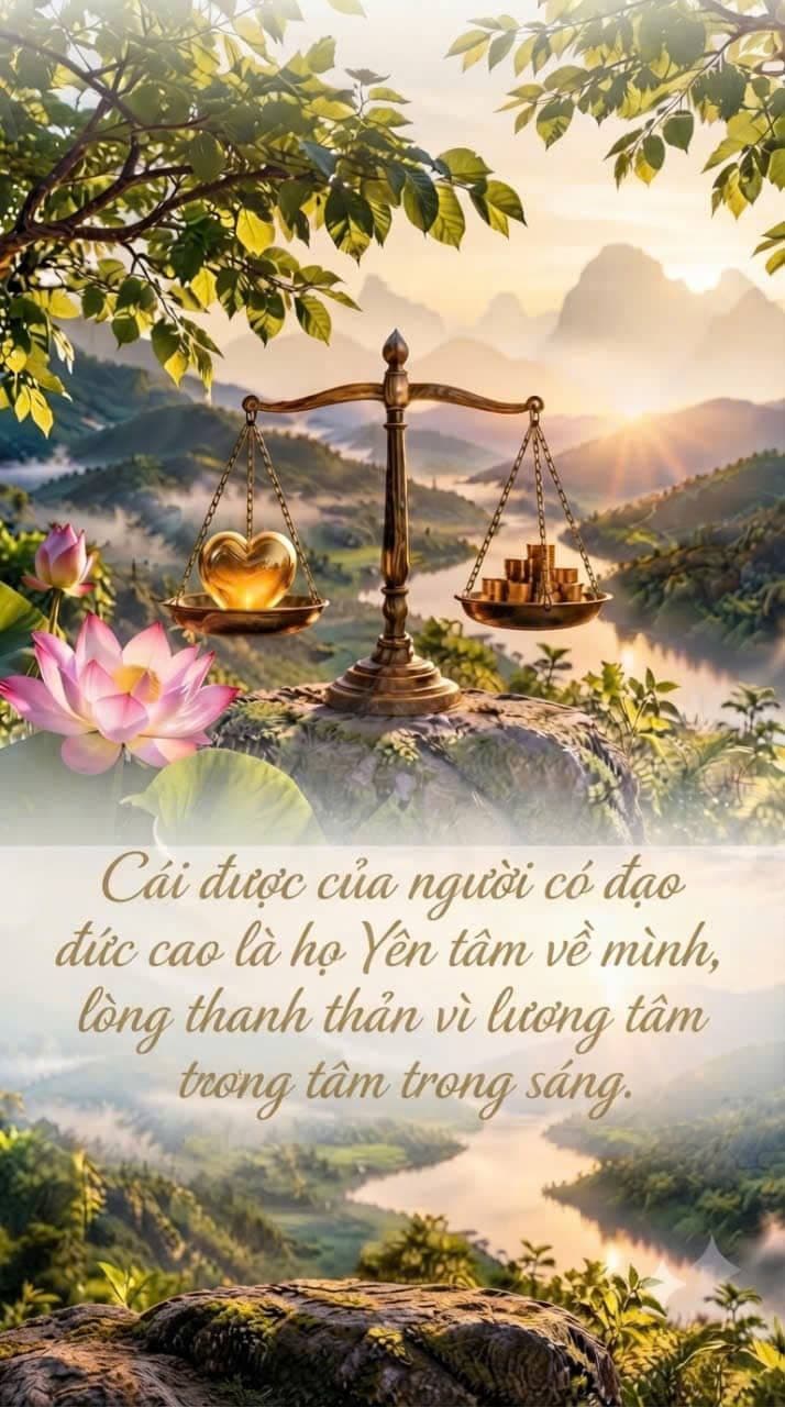 Hình ảnh tượng trưng của chiếc cân với trái tim vàng một bên và tiền xu một bên, giữa khung cảnh thung lũng núi non yên bình và hoa sen.