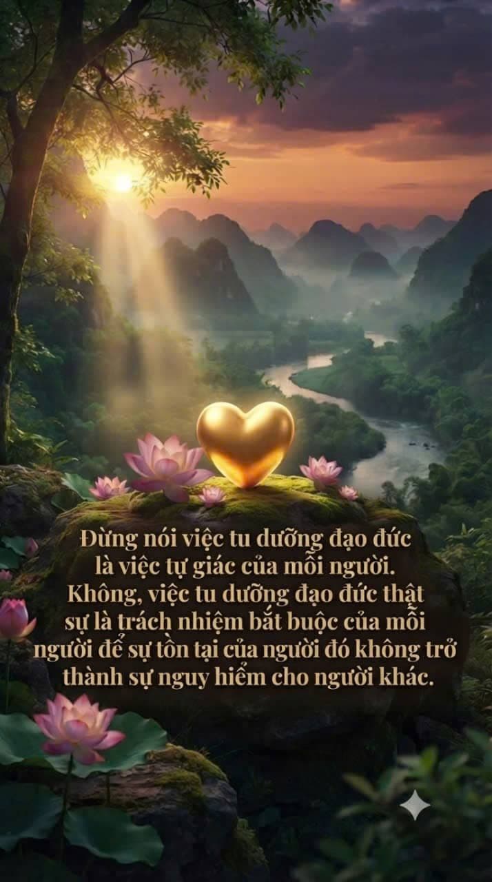 Hình ảnh tượng trưng của chiếc cân với trái tim vàng một bên và tiền xu một bên, giữa khung cảnh thung lũng núi non yên bình và hoa sen,