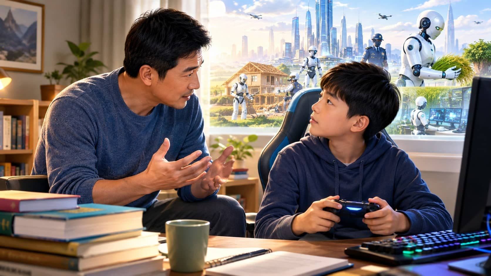 A father explaining to his son why humans still need knowledge, morality, and responsibility in a world dominated by robots
