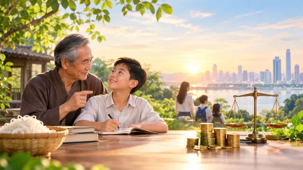 Grandfather teaching his grandson about clean money, morality, karma, and an honest life