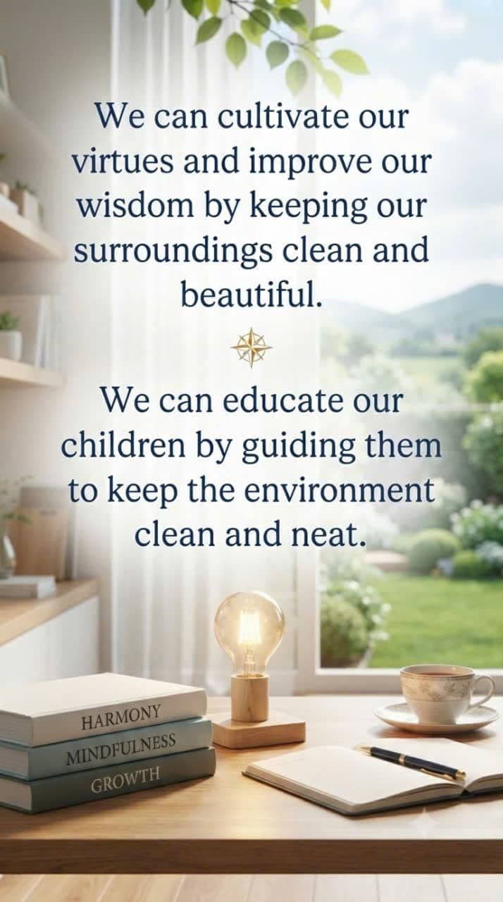 Inspirational image about cultivating virtues and wisdom through a clean and beautiful environment, with books, a light bulb, notebook, and garden view.