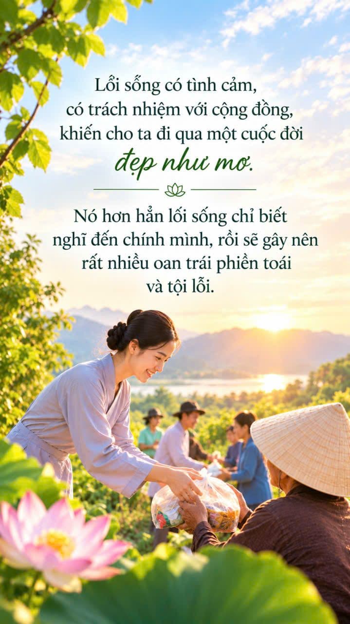 Người phụ nữ trao thực phẩm giúp đỡ một người lớn tuổi trong khung cảnh làng quê yên bình lúc hoàng hôn, thể hiện lòng nhân ái, sự sẻ chia.