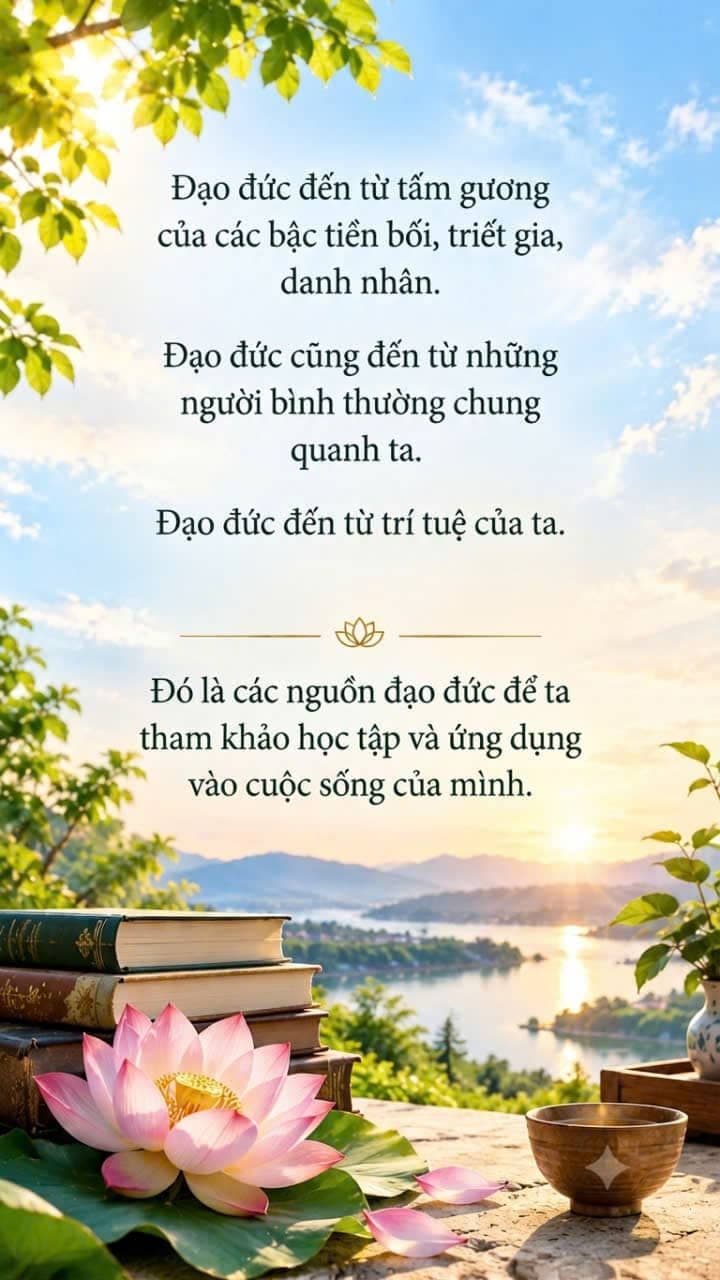 Hình ảnh truyền cảm hứng về đạo đức với sách, hoa sen, chén trà và phong cảnh núi hồ thanh bình