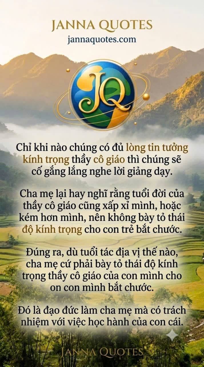 Trích dẫn Janna Quotes về đạo đức làm cha mẹ và lòng kính trọng thầy cô giáo trên nền thiên nhiên ruộng bậc thang.