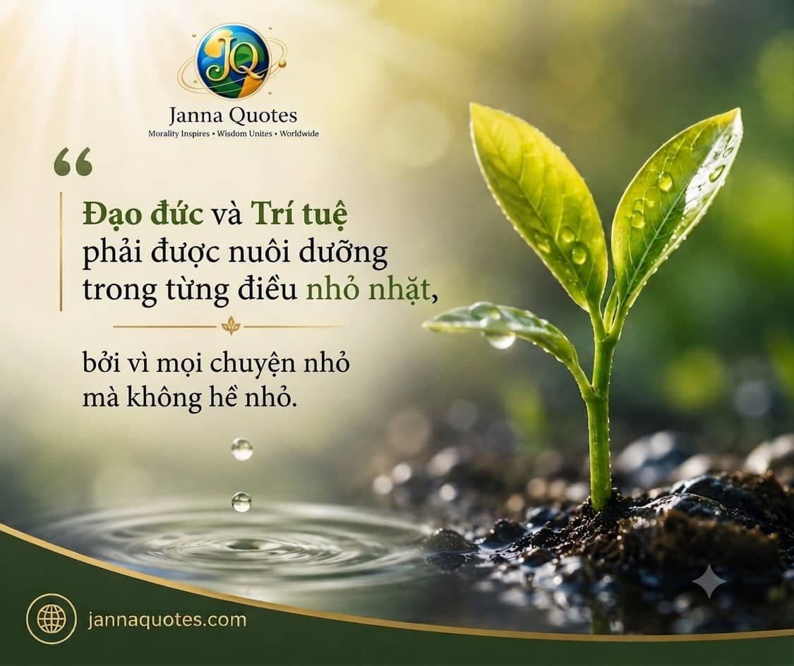 Mầm cây xanh vươn lên từ đất với những giọt nước, tượng trưng cho đạo đức và trí tuệ được nuôi dưỡng qua từng hành động nhỏ.
