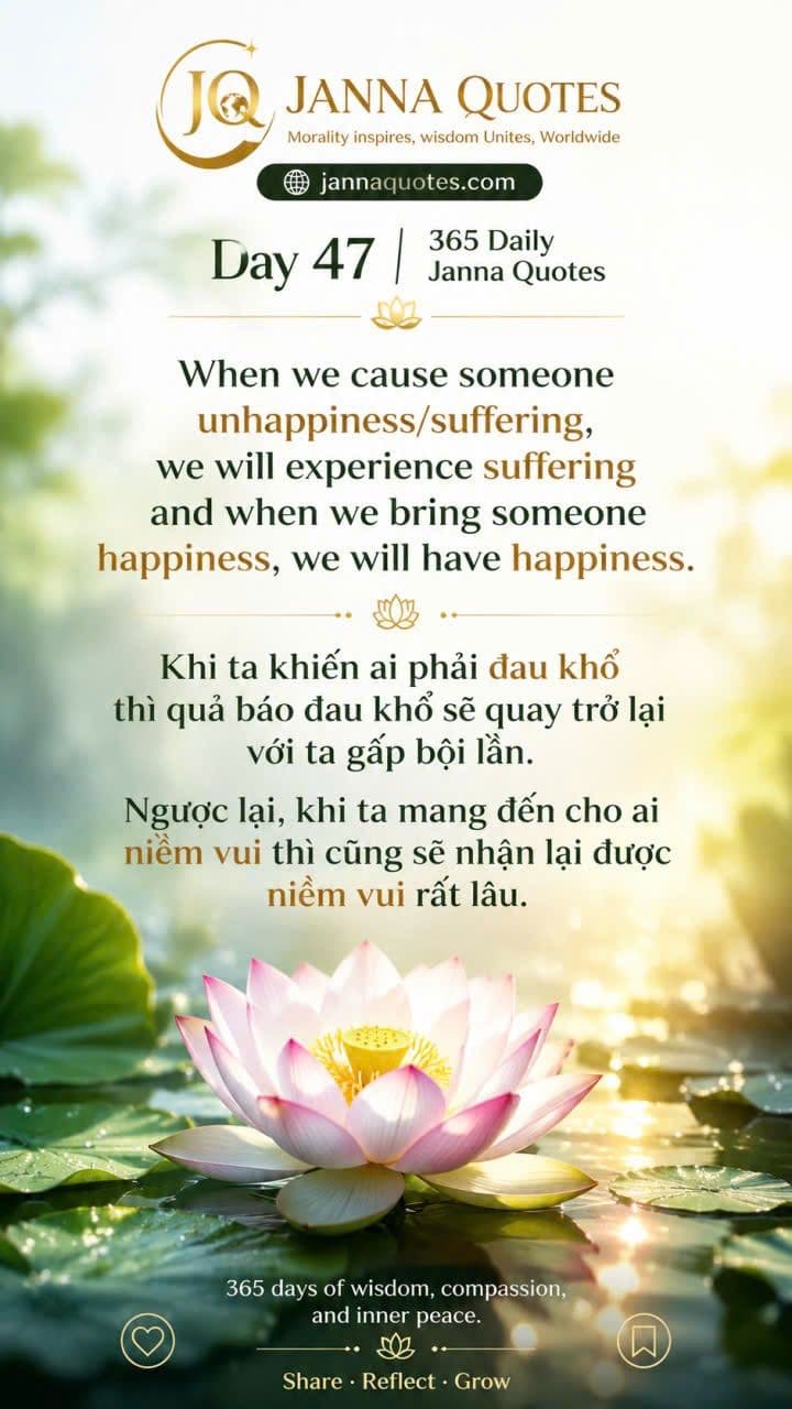 Day 47, 365 Daily Janna Quotes — a pink lotus open in morning light, above words that suffering returns to whoever causes it and happiness to whoever gives it.