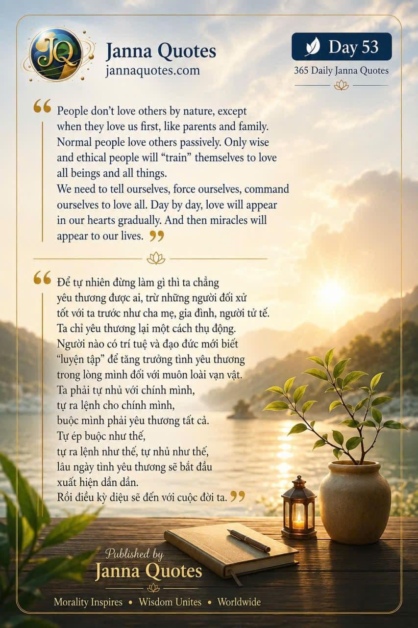 Ngày 53, bộ 365 Daily Janna Quotes — đèn lồng, quyển sổ và nhành cây bên sông lúc bình minh, kèm lời dạy tình yêu thương phải luyện tập mà có.