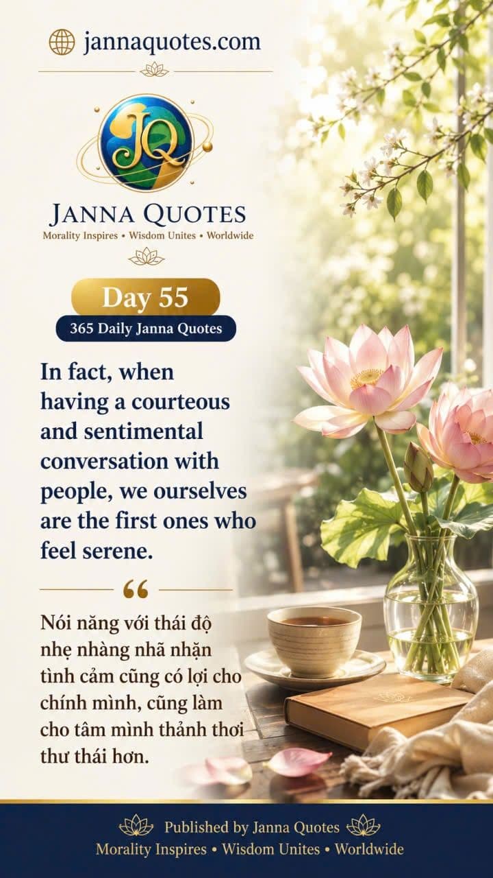 Ngày 55, bộ 365 Daily Janna Quotes — bình sen thuỷ tinh bên tách trà và quyển sách, kèm lời nhắc nói năng nhã nhặn thì tâm mình thảnh thơi trước.